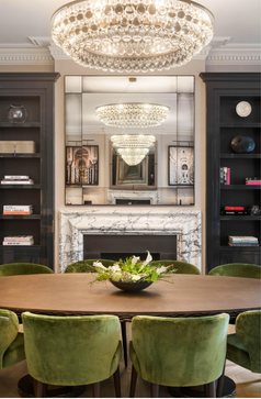Dining table and fireplace