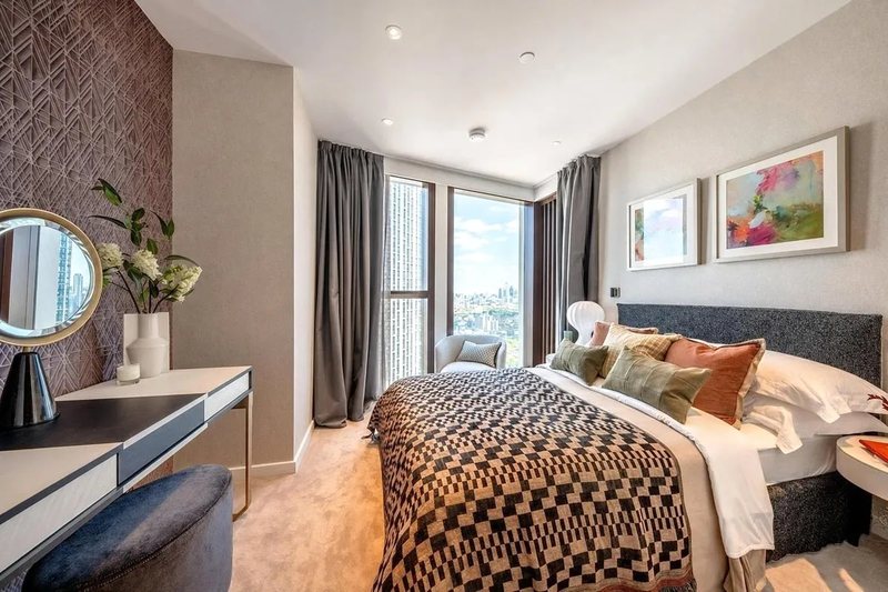 Bedroom with patterned bedspread
