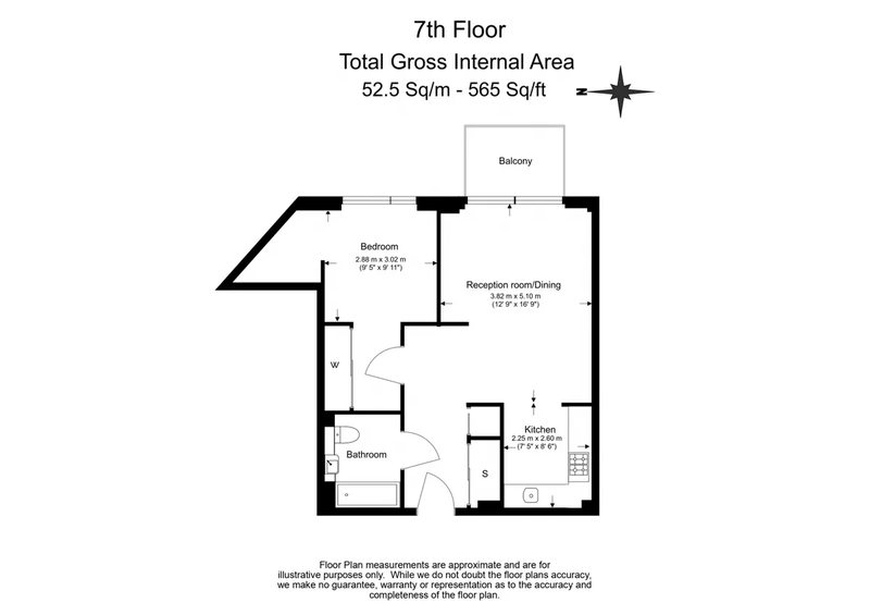 Floorplan: The Residence, seventh floor, approx. 565 sq ft