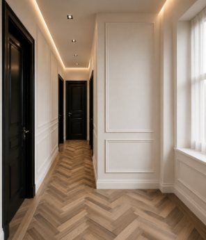 Renovated hallway with panelled walls, black doors and a herringbone oak floor