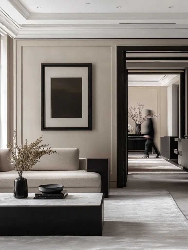 Calm, neutrally finished living space with a framed artwork