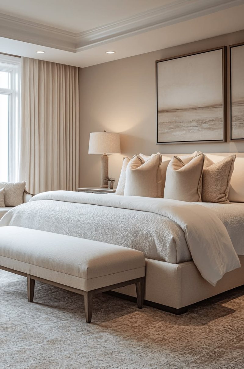 Calm, neutrally furnished bedroom in a managed London apartment
