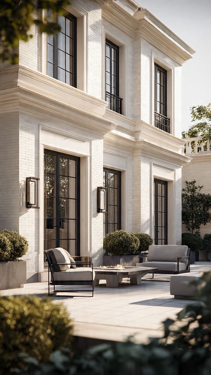 Pale-stone townhouse with tall black windows and a landscaped terrace