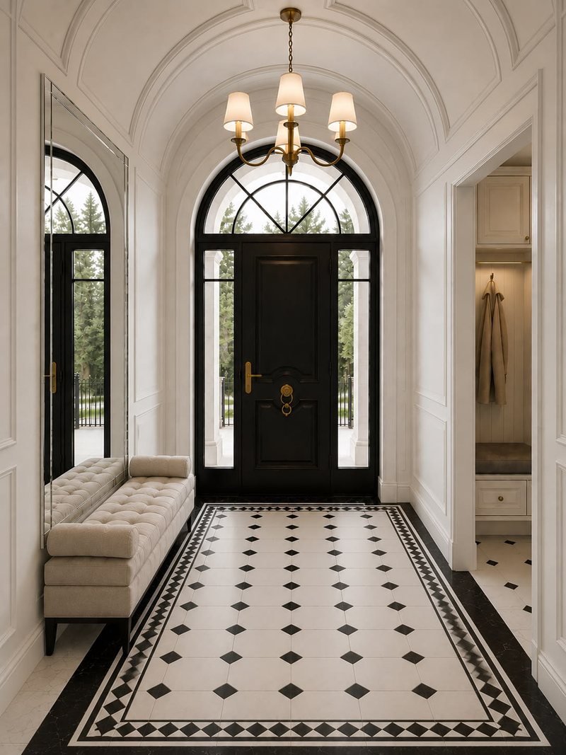 Arched entrance hall with a patterned marble floor and a black front door